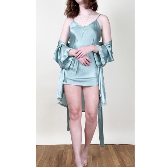 Vintage 100% Silk Matching Robe Chemise Slip Mini Dress Set Sexy Slit Lingerie - Picture 1 of 6